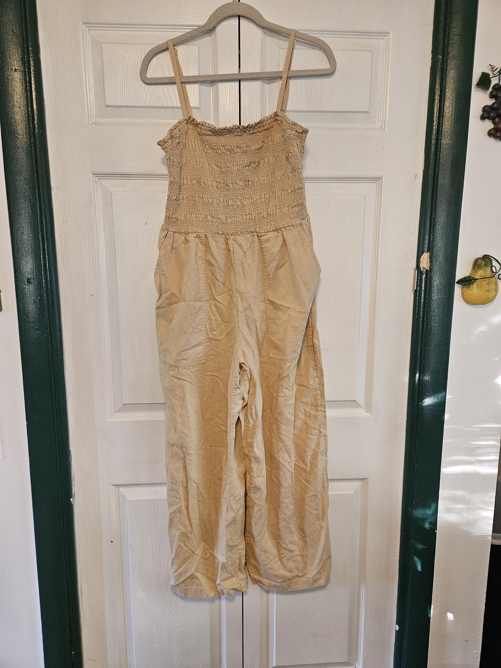 Smocked Strap Jumpsuit in Beige